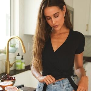 Lulus Try Me Out Black Ribbed Short Sleeve Wrap Top - Size L